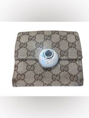 Gucci Brown GG Canvas Compact Wallet with Round Silver-Tone Snap